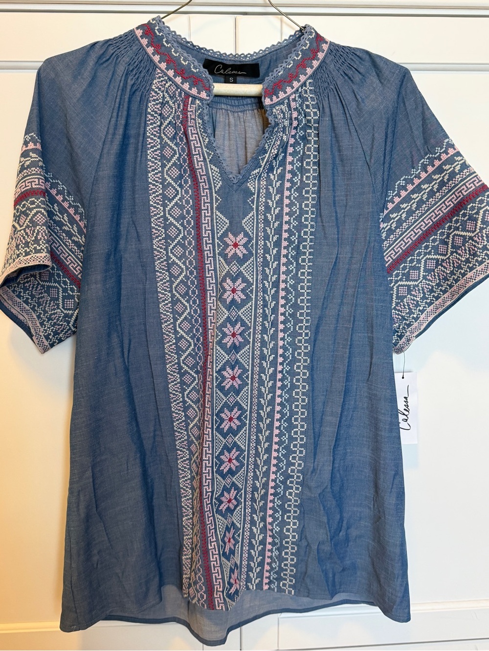 Calessa Boho Blue Embroidered Short-Sleeve Blouse